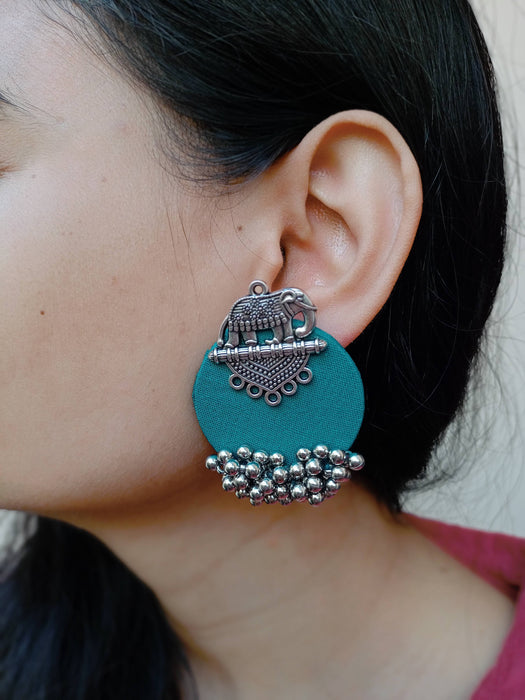 Sea Green Silver Elephant Studs Earrings