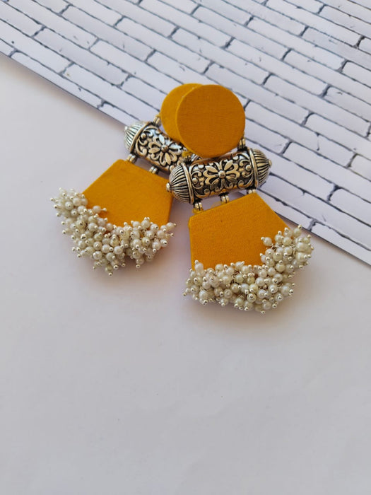 Yellow And Silver Beaded Long Jhumka Earrings