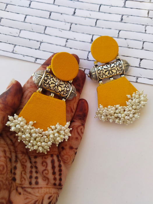 Yellow And Silver Beaded Long Jhumka Earrings