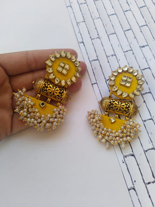 Yellow Kundan And Beads Jhumka