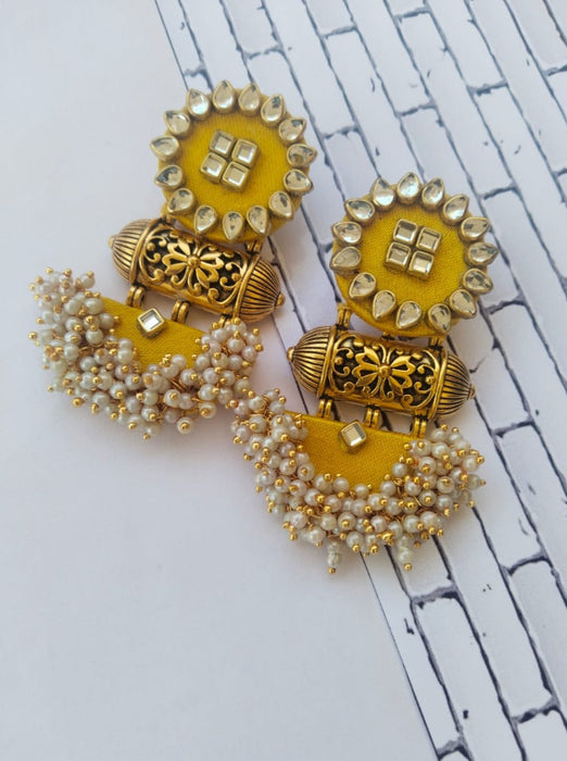 Yellow Kundan And Beads Jhumka