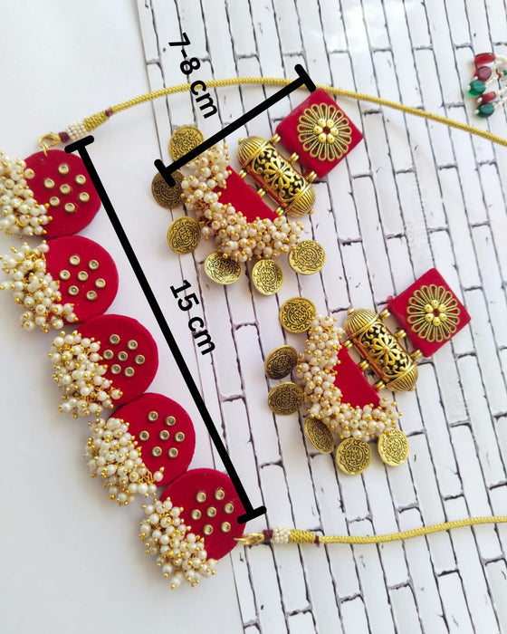 Hot Red Golden Choker And Earrings Set