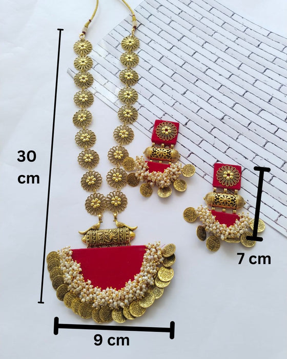 Hot Red Golden Beaded Long Necklace With Earrings Set