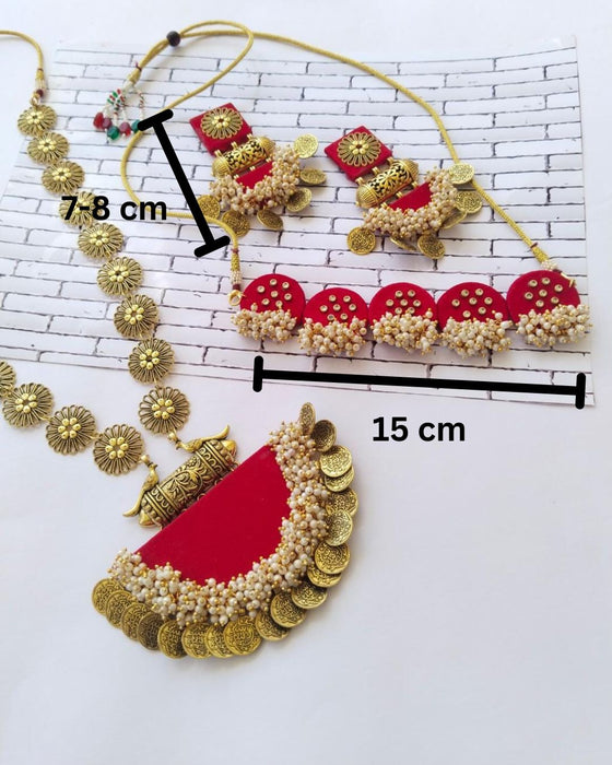 Red Necklace Choker Earrings Set With Kundan And Golden Pearls Beads