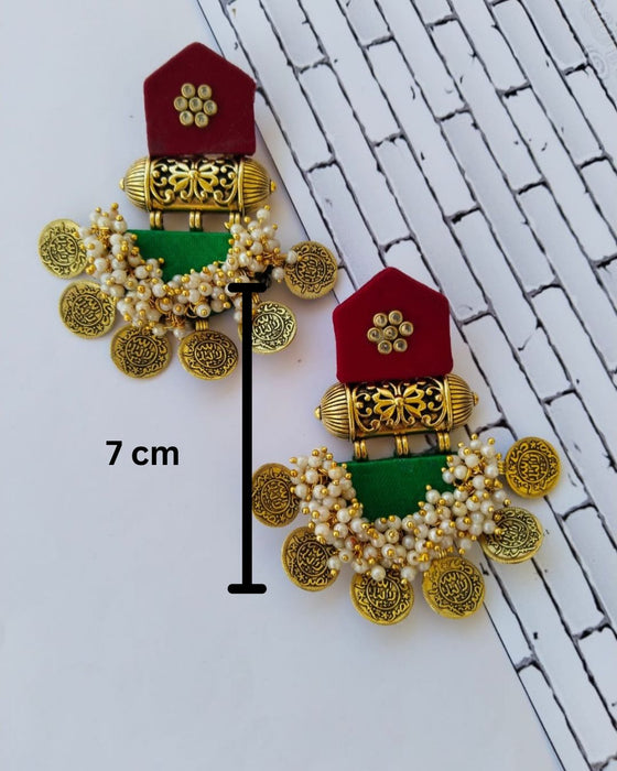 Red Maroon And Green Golden Heavy Coin Earrings