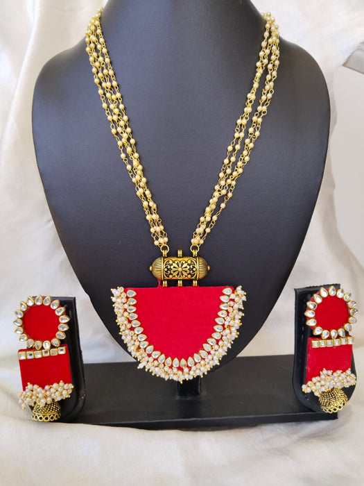 Red Complete Kundan And Beads Necklace Earrings Set