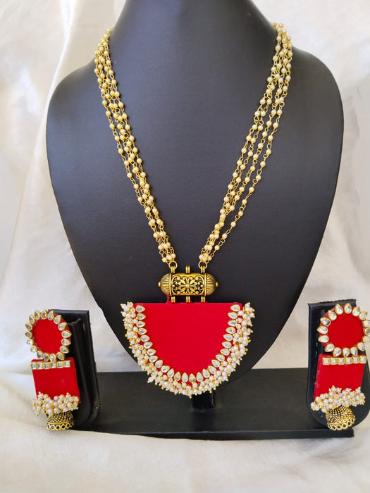 Red Complete Kundan And Beads Necklace Earrings Set