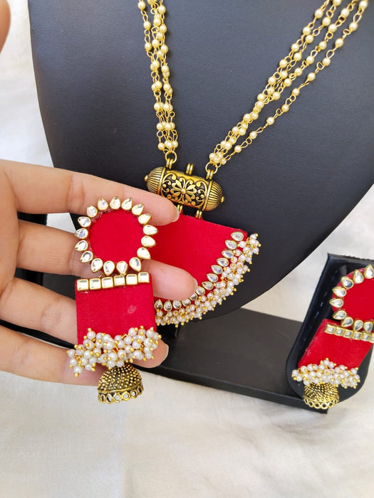 Red Complete Kundan And Beads Necklace Earrings Set