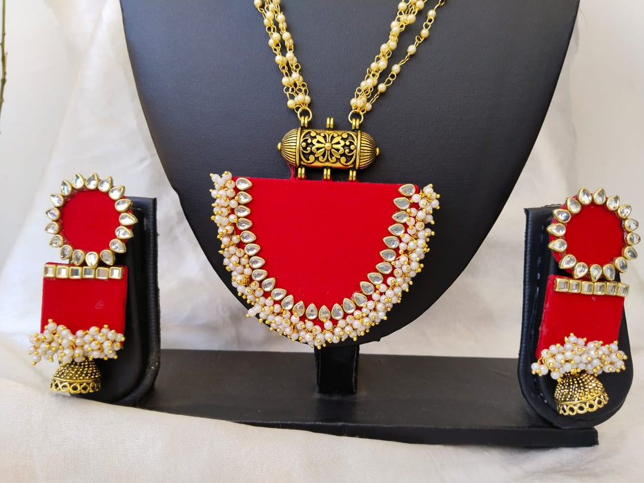 Red Complete Kundan And Beads Necklace Earrings Set