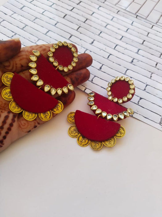 Red Maroon Kundan With Golden Coins Jhumka Earrings