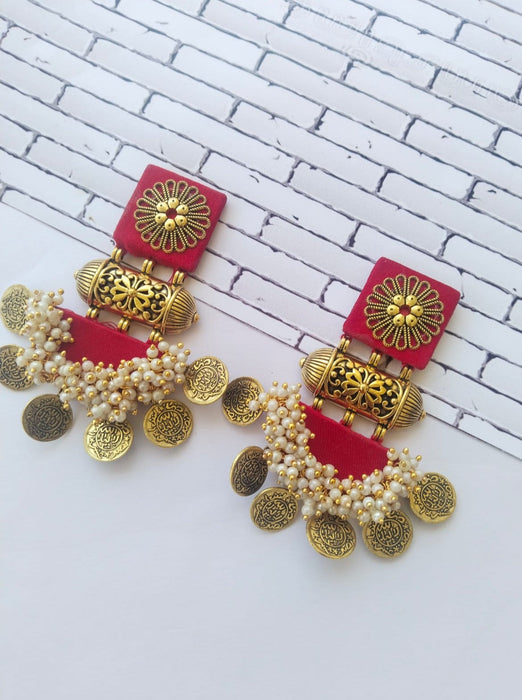 Hot Red Heavy Coin Fabric Jhumka For Women