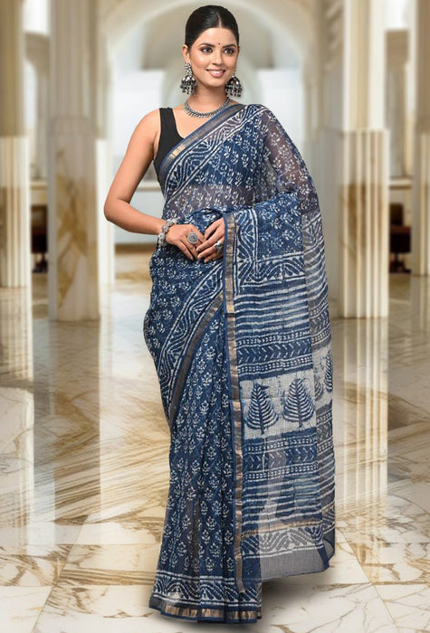 Kota Handblock Printed Saree - Indigo