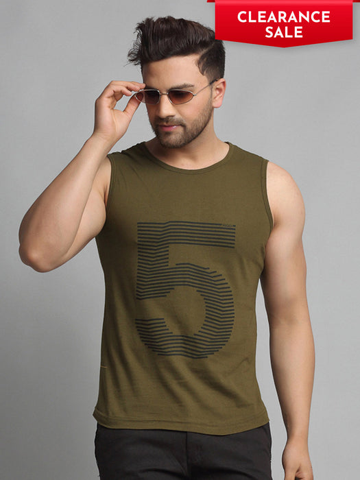 Olive Green Numerical Print Cotton Sleeveless Vest T-Shirt