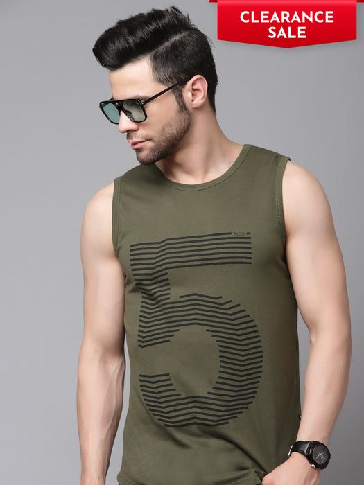 Olive Green Numeric Print Cotton Blend Sleeveless T-Shirt Vest