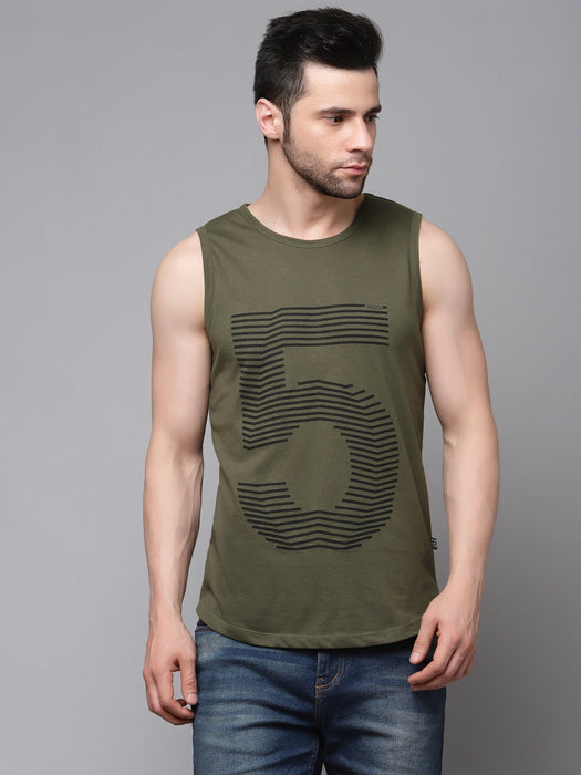 Olive Green Numeric Print Cotton Blend Sleeveless T-Shirt Vest