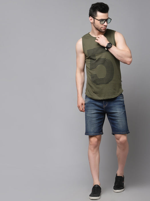 Olive Green Numeric Print Cotton Blend Sleeveless T-Shirt Vest