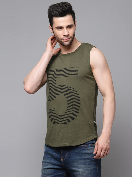 Olive Green Numeric Print Cotton Blend Sleeveless T-Shirt Vest