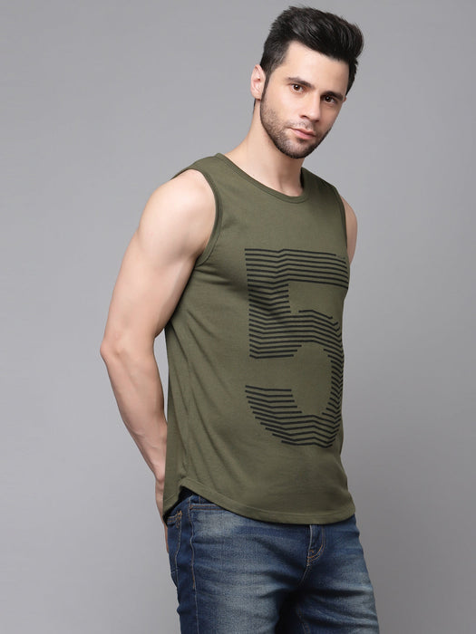 Olive Green Numeric Print Cotton Blend Sleeveless T-Shirt Vest