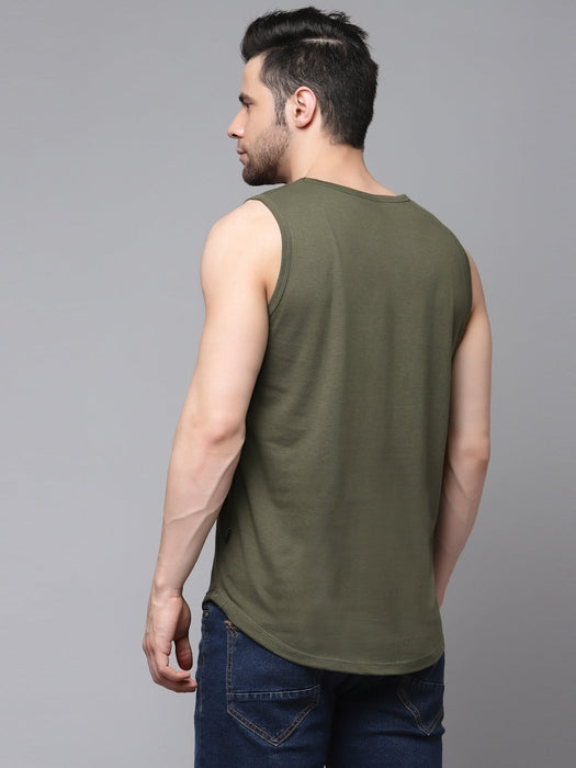 Olive Green Numeric Print Cotton Blend Sleeveless T-Shirt Vest