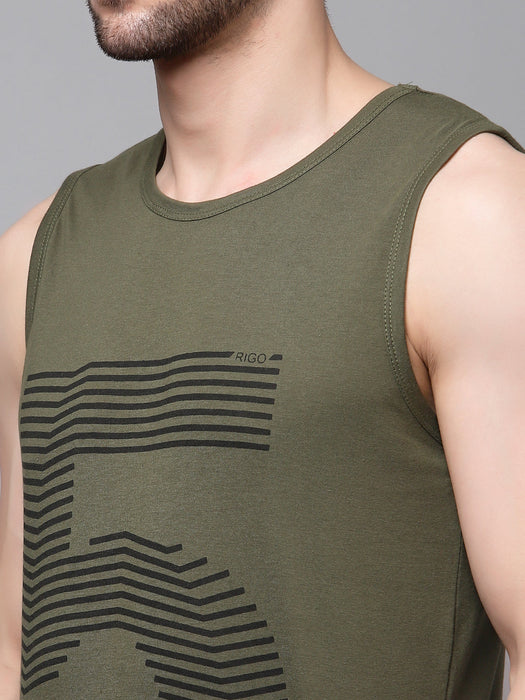 Olive Green Numeric Print Cotton Blend Sleeveless T-Shirt Vest