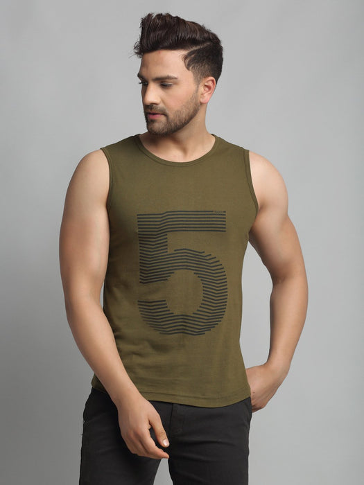 Olive Green Numerical Print Cotton Sleeveless Vest T-Shirt