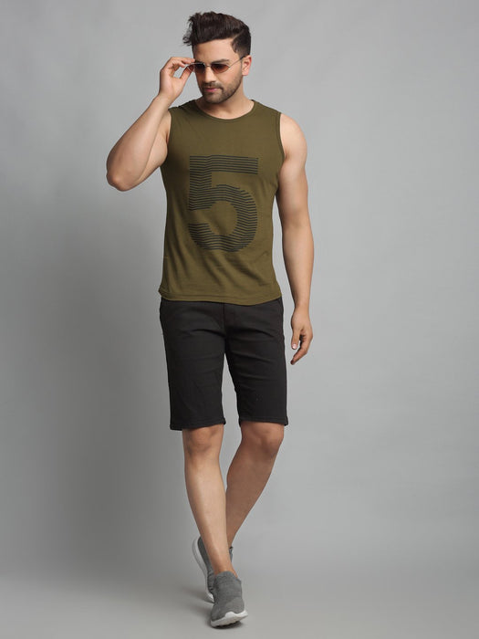 Olive Green Numerical Print Cotton Sleeveless Vest T-Shirt