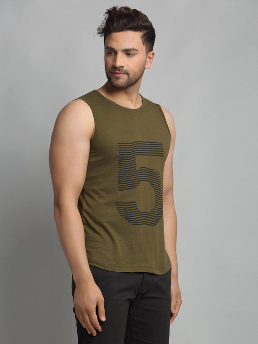 Olive Green Numerical Print Cotton Sleeveless Vest T-Shirt