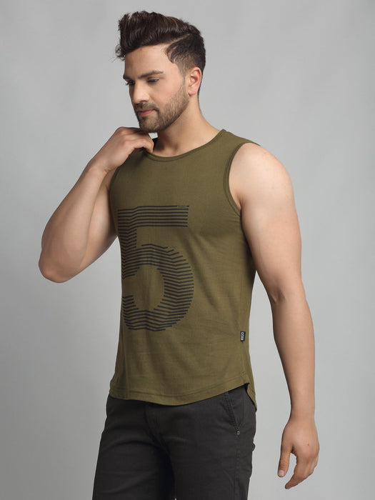 Olive Green Numerical Print Cotton Sleeveless Vest T-Shirt