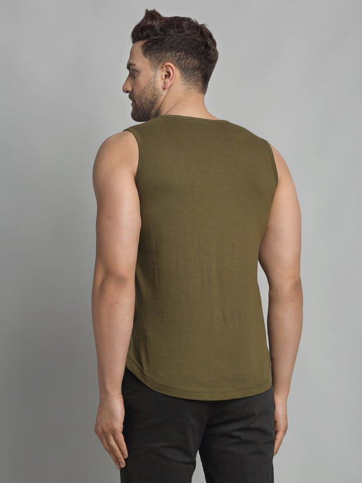 Olive Green Numerical Print Cotton Sleeveless Vest T-Shirt