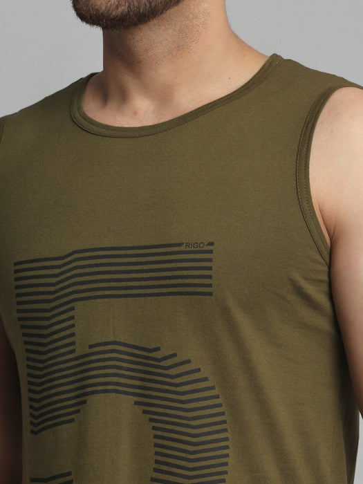 Olive Green Numerical Print Cotton Sleeveless Vest T-Shirt