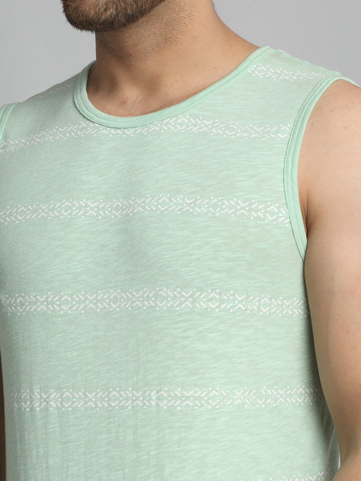 Mint Green All Over Printed Cotton Sleeveless Vest T-Shirt