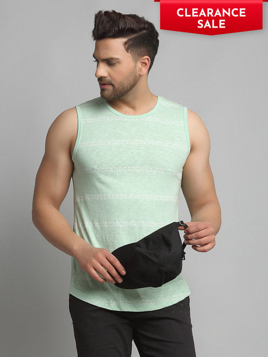 Mint Green All Over Printed Cotton Sleeveless Vest T-Shirt