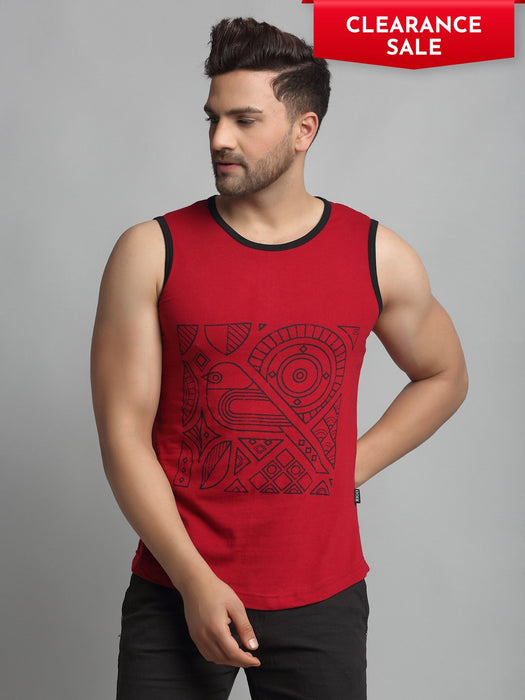 Maroon Placement Print Cotton Sleeveless Vest T-Shirt