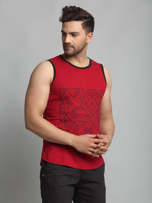 Maroon Placement Print Cotton Sleeveless Vest T-Shirt