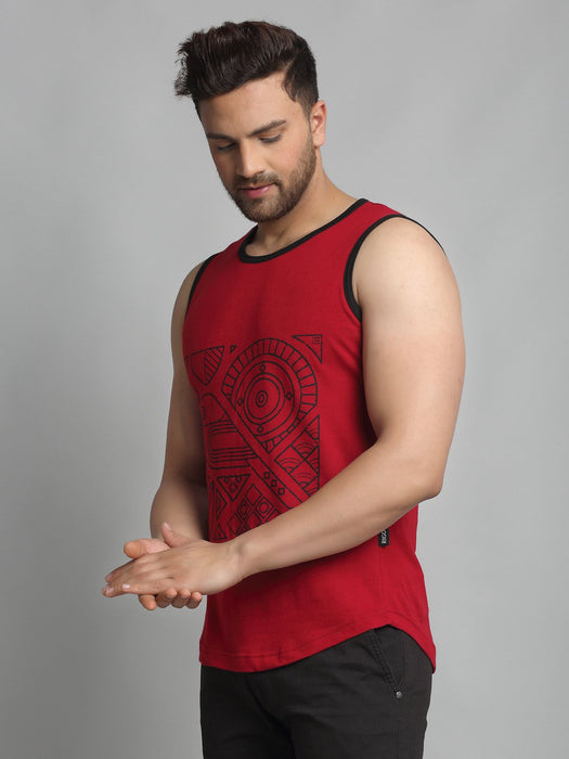 Maroon Placement Print Cotton Sleeveless Vest T-Shirt