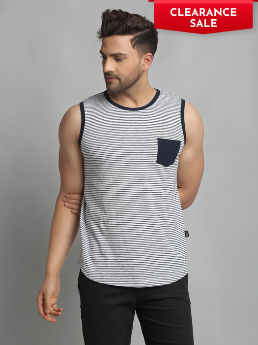 White Navy Stripe Cotton Sleeveless Vest T-Shirt