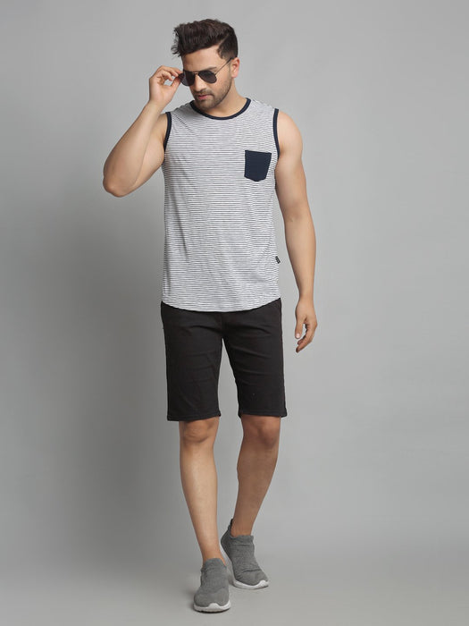 White Navy Stripe Cotton Sleeveless Vest T-Shirt