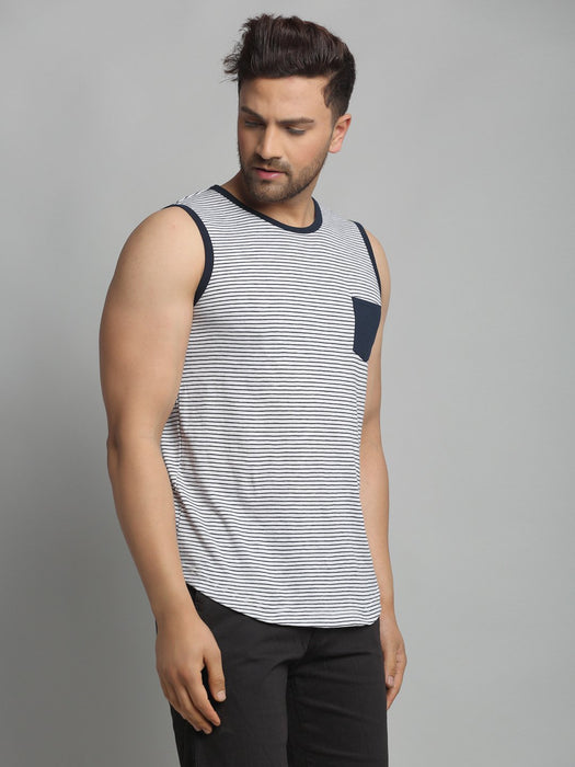 White Navy Stripe Cotton Sleeveless Vest T-Shirt