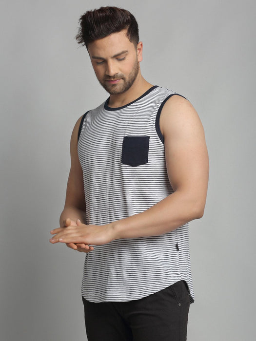 White Navy Stripe Cotton Sleeveless Vest T-Shirt