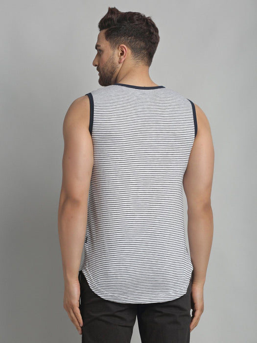 White Navy Stripe Cotton Sleeveless Vest T-Shirt