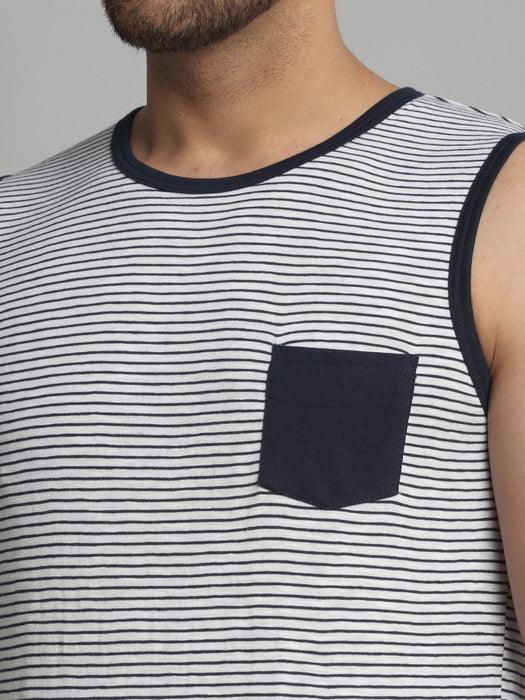 White Navy Stripe Cotton Sleeveless Vest T-Shirt