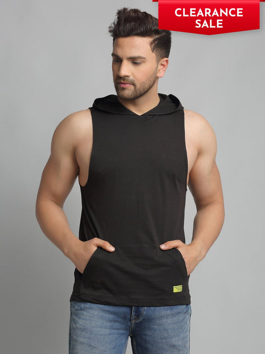 Black Hooded Cotton Sleeveless Vest T-Shirt