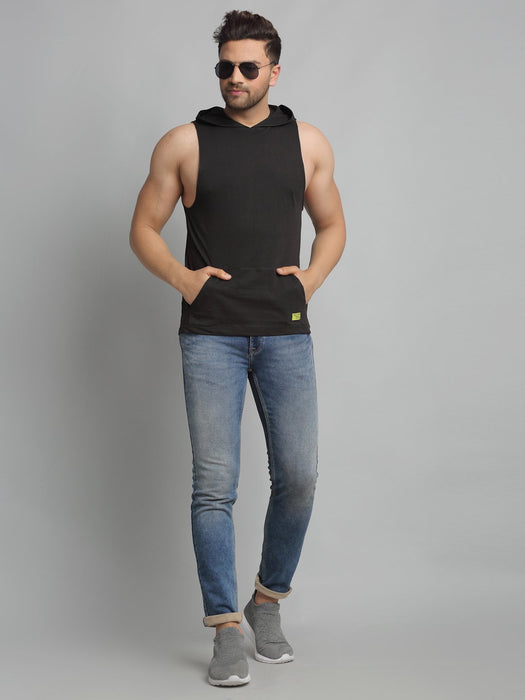 Black Hooded Cotton Sleeveless Vest T-Shirt