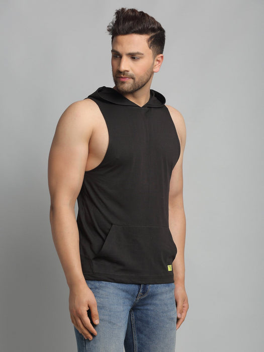 Black Hooded Cotton Sleeveless Vest T-Shirt