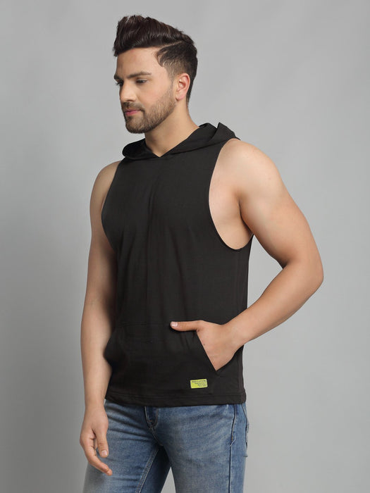 Black Hooded Cotton Sleeveless Vest T-Shirt