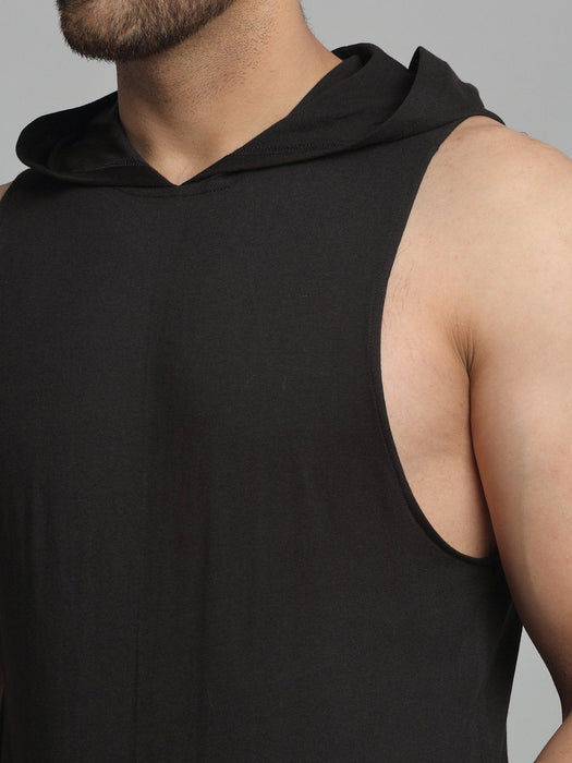 Black Hooded Cotton Sleeveless Vest T-Shirt