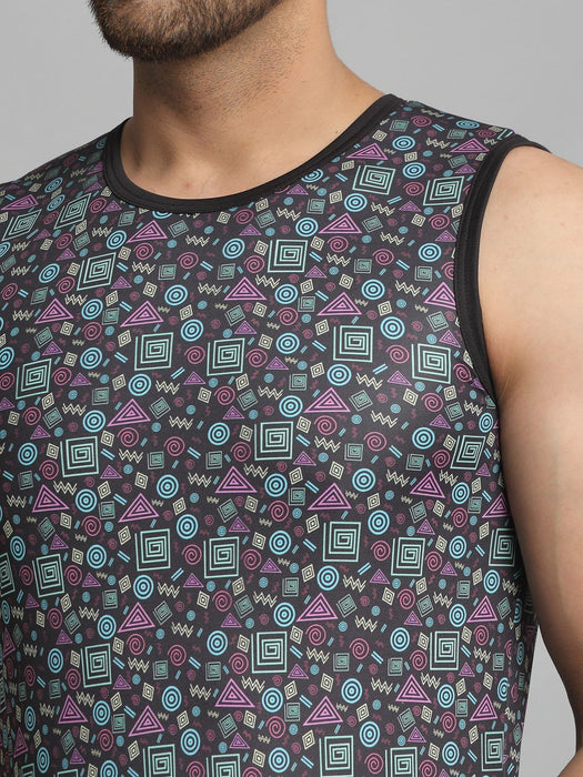 Black All Over Graphic Printed Sleeveless Vest T-Shirt