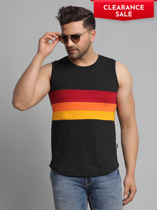 Black Color Block Cotton Sleeveless Vest T-Shirt