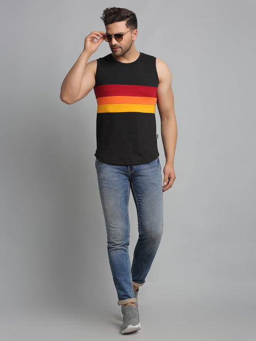 Black Color Block Cotton Sleeveless Vest T-Shirt