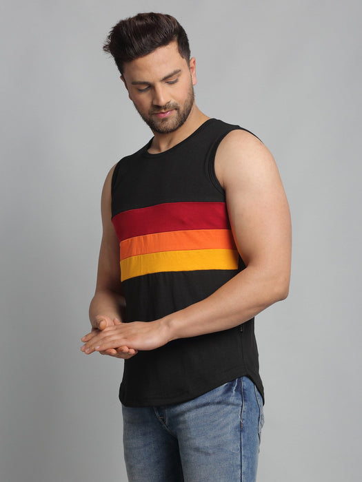 Black Color Block Cotton Sleeveless Vest T-Shirt